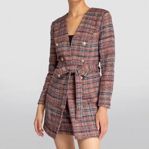 L'AGENCE 'Zuri' Plaid Tweed Tie-Waist Blazer Jacket Pink Multi
